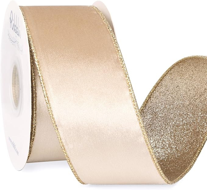 Ribbli Light Champagne Velvet Ribbon Wired 2.5 Inch Glossy Velvet with Champagne Glitter Christma... | Amazon (US)