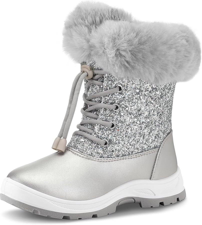 K KomForme Girls Glitter Snow Boots Kids Bungee Lacing Warm Faux Fur-Lined Anti-Slip Outdoor Wint... | Amazon (US)