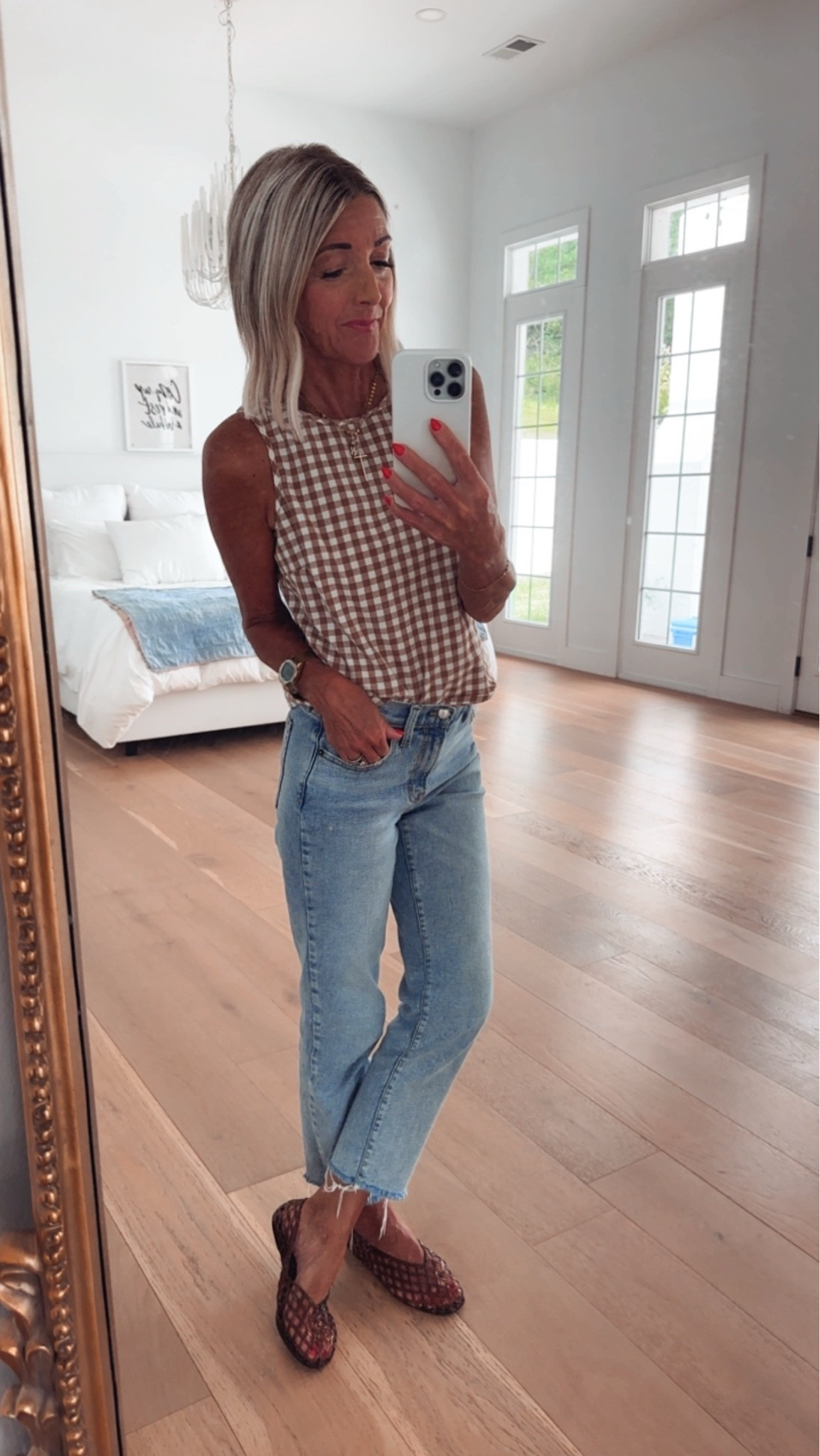OOTD ! This top comes with the matching shirts & a super cute set ! I love how you can wear it separately as well! Several color ways ! Wearing XS , oh & these jeans are so good ! The perfect worn 80s slim leg, I cut the hem on mine to make a raw hem! Don’t forget the chocolate jelly’s , I get asked about them every time I wear them !!!

#LTKootd #LTKBeauty #LTKgrwm