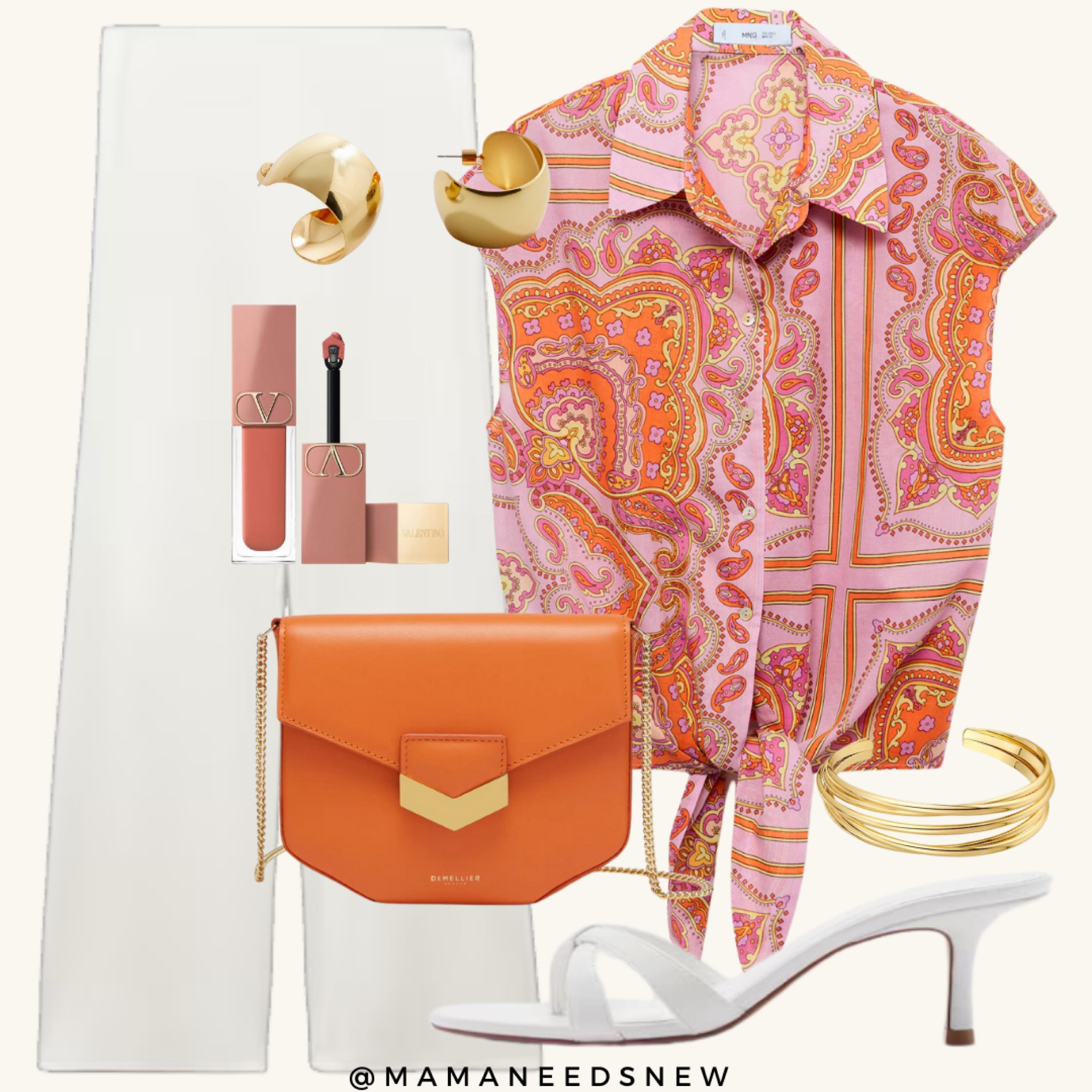 A summer outfit featuring a sleeveless tie front printed blouse, white flowy pants & heels with an orange bag which is currently on sale 🧡

#LTKSaleAlert #LTKSummerSales #LTKItBag
