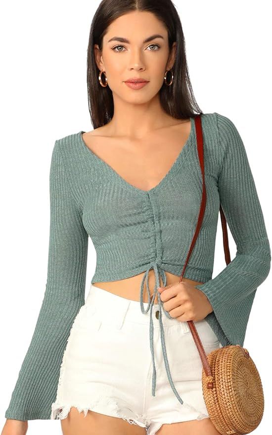 SweatyRocks Women's Casual Long Sleeve V Neck Tie Ruched Knit Crop Top Sweater | Amazon (US)