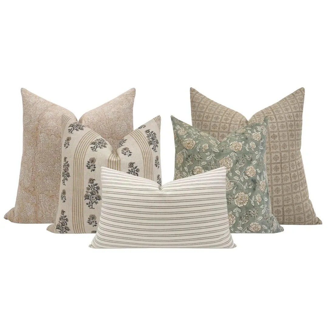 SOFA PILLOW COMBO || Set of Five Designer Pillow Covers, Neutral Pillow Combo, Sofa Pillow Combo,... | Etsy (US)