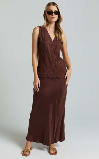 Kaya Two Piece Set - Cupro Button Up Vest and Maxi Skirt Set in Chocolate | Showpo (ANZ)