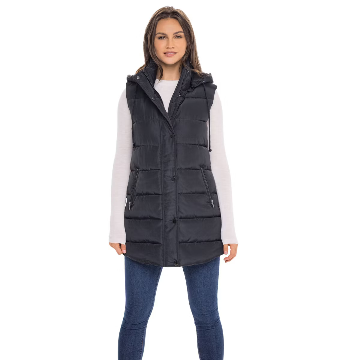 Women's Long Puffer Vest with Hood - S.E.B. By SEBBY | Target