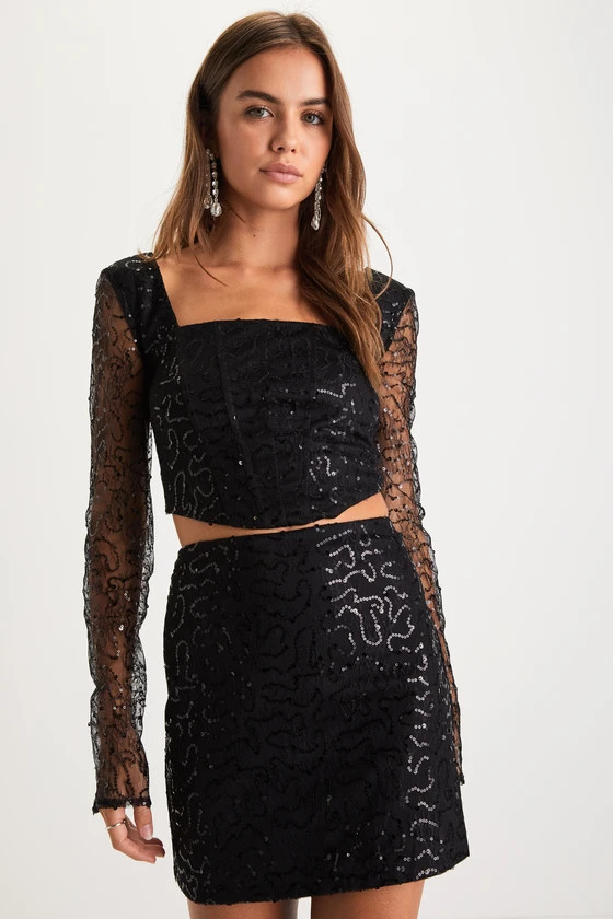Twice as Flirty Black Sequin Mesh Bustier Two-Piece Mini Dress | Lulus (US)
