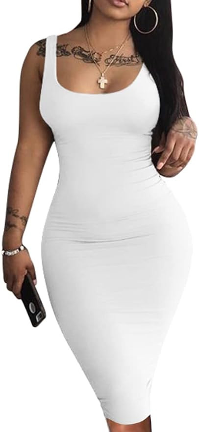 LAGSHIAN Women's Sexy Bodycon Tank Dress Sleeveless Basic Midi Club Dresses | Amazon (US)