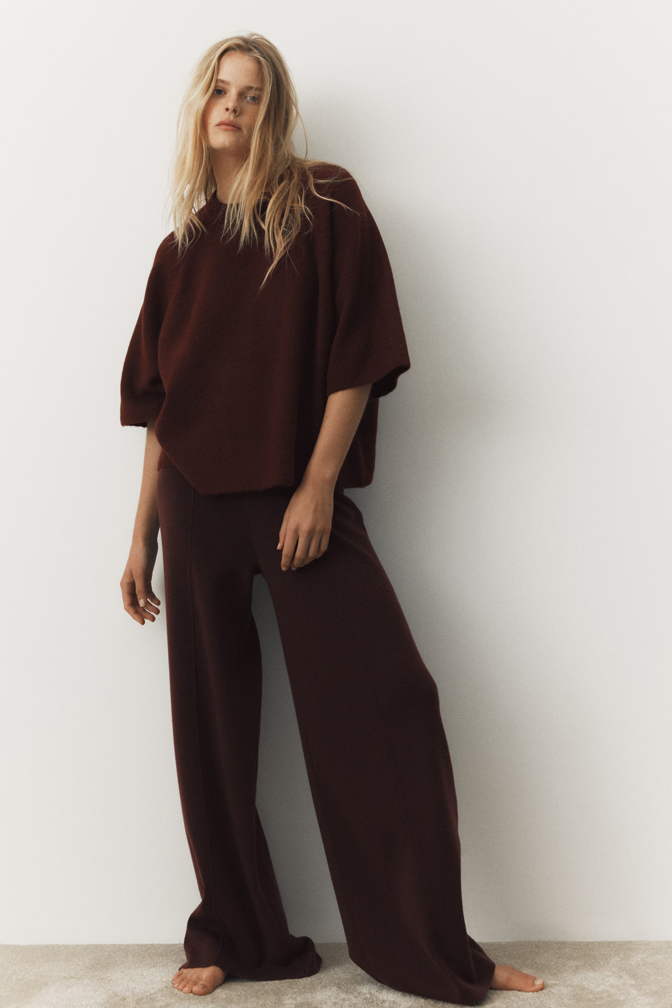 Short-sleeved jumper - Burgundy - Ladies | H&M GB | H&M (UK, MY, IN, SG, PH, TW, HK)