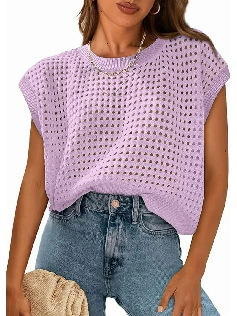 PRETTYGARDEN Womens Spring Tops Summer Shirts Crochet Cap Sleeve Sweater Pullover Cute Crew Neck ... | Walmart (US)