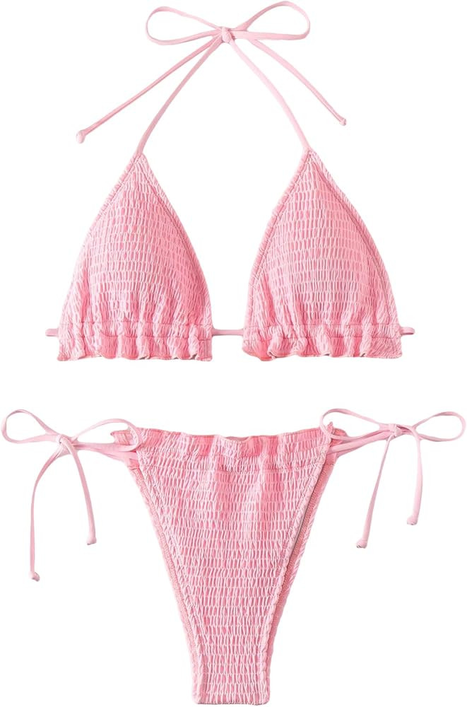 SHENHE Women's 2 Piece Smocked Frill Trim Swimsuit Halter Triangle Top Tie Side Thong Bikini Set | Amazon (US)