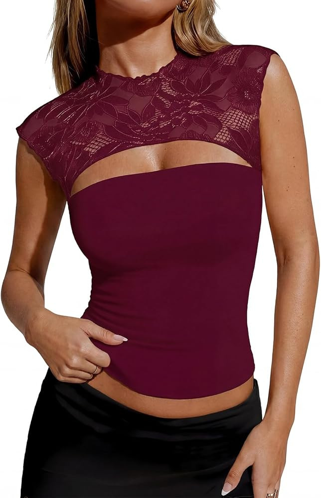 Women's Lace Going Out Crop Tops Sexy Cutout Crew Neck Sleeveless Double Lined Slim Night Out Y2K... | Amazon (US)