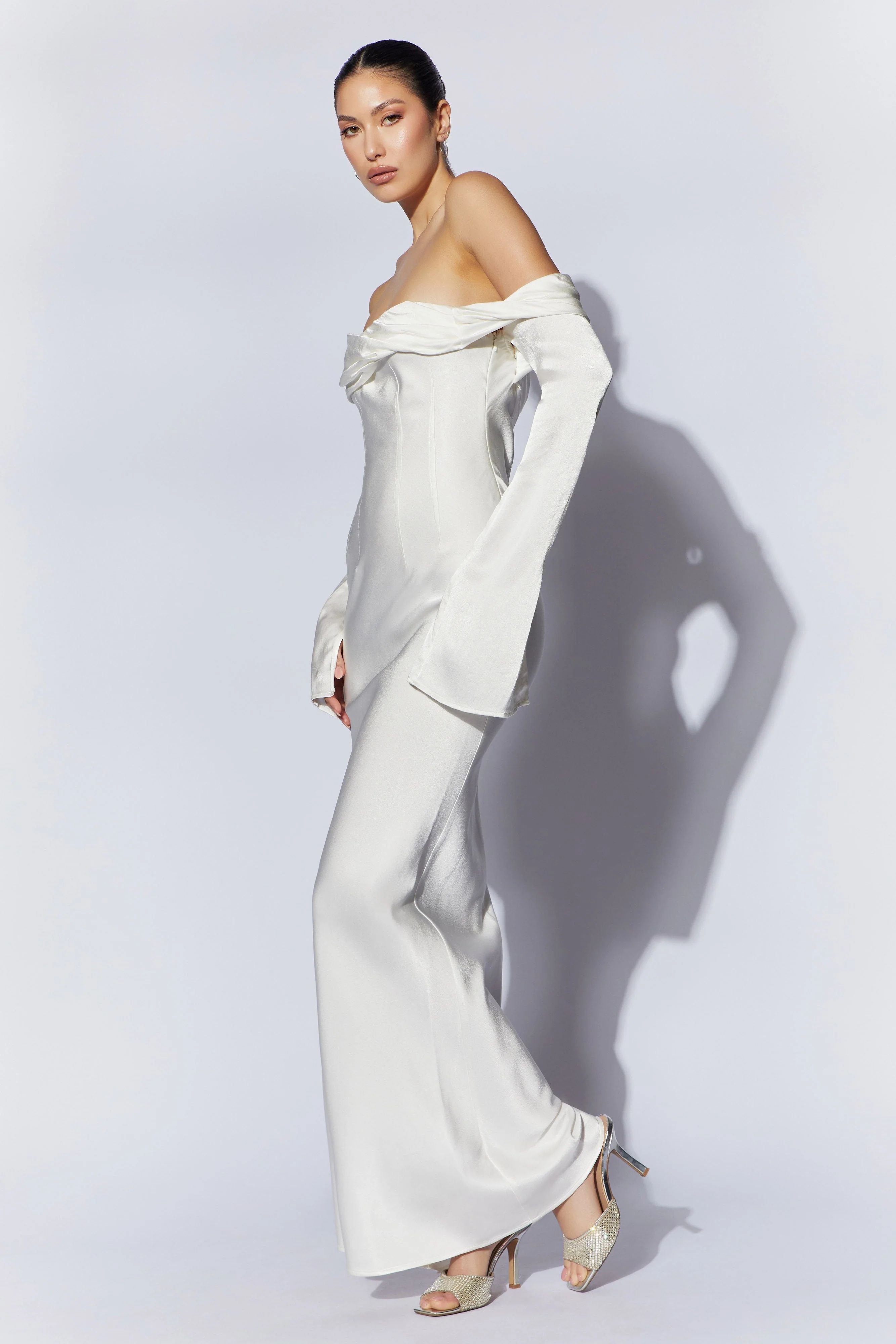 Giselle Off Shoulder Cowl Neck Maxi Dress - White | MESHKI US