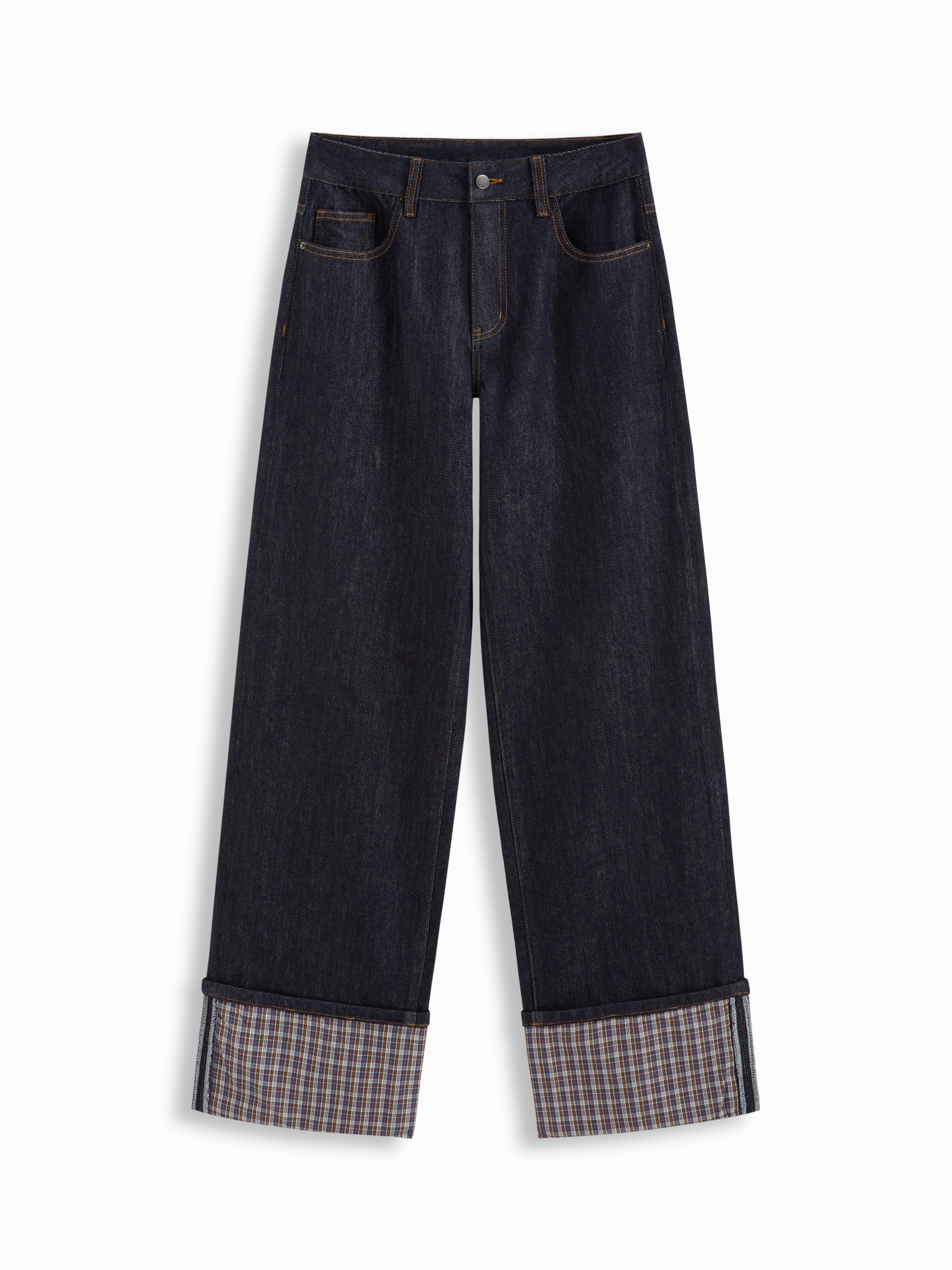 Denim Cider Stretch Denim Mid Rise Plaid Roll Hem Straight Leg Jeans For Daily Casual | Cider