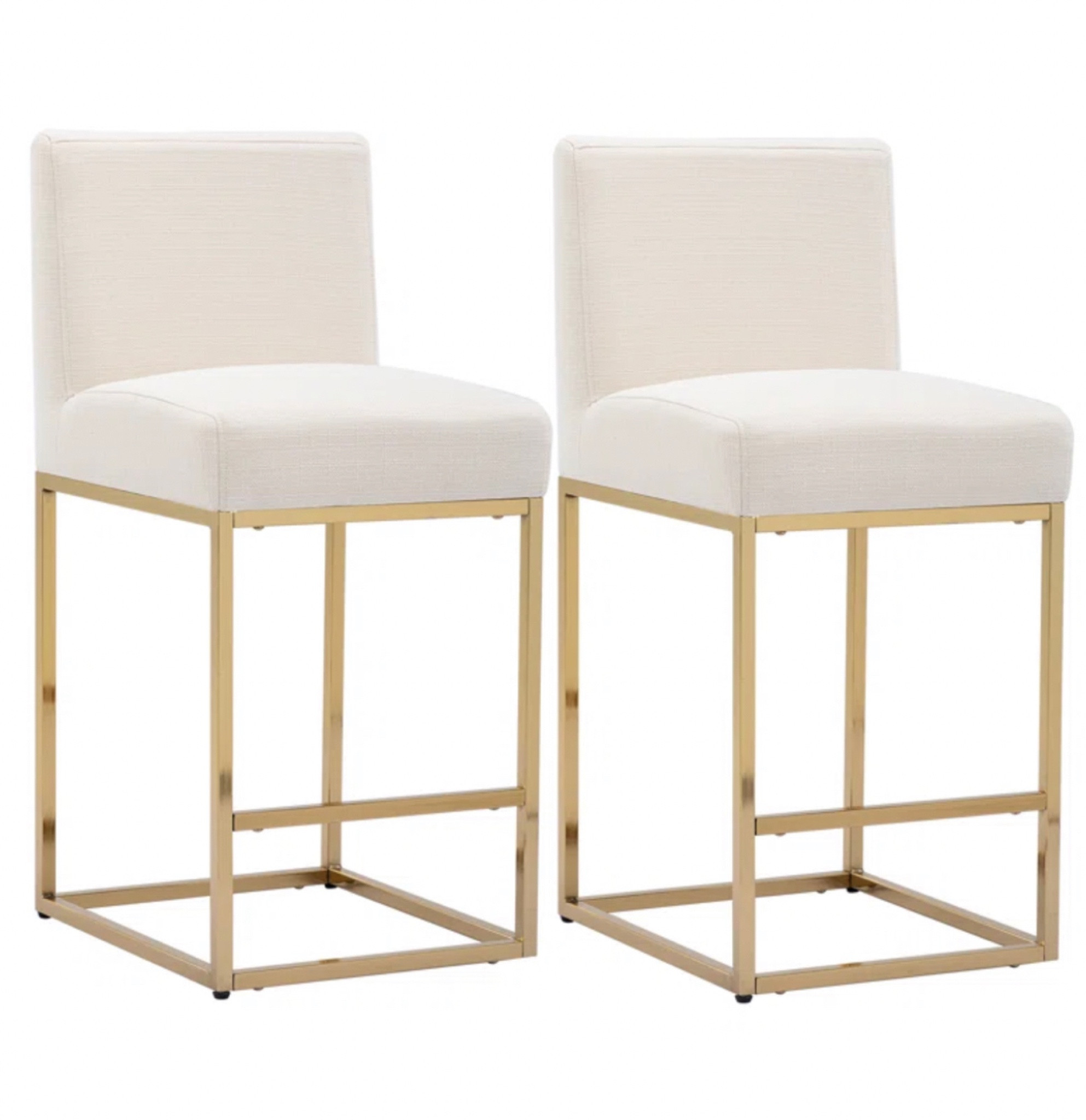 27” Counter Stools by Latitude Run. Beautiful gold finish on the base along with high quality linen fabric on the chair itself. Simple but elegant. Comes as a set of 2 for a reasonable price with great reviews. 

#LTKhome #LTKFind