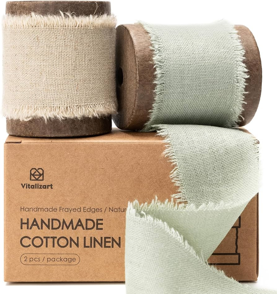 Vitalizart Beige & Green Linen Ribbon with Spool 1 1/2 Inch Rustic Frayed Cotton Linen Ribbon for... | Amazon (US)