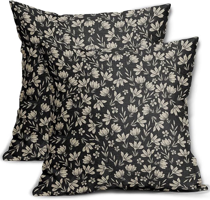 Vintage Flower Pillow Covers 18x18 Set of 2 Rustic Cute Small Floral Black Brown Old Style Decora... | Amazon (US)