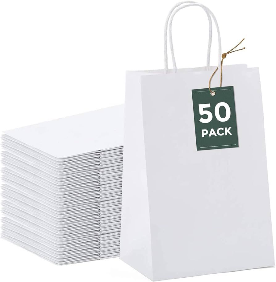 GSSUSA 50 Pcs White Kraft Paper Bags 5.25x3.75x8, Small Paper Bags with Handles for Shopping, Gif... | Amazon (US)