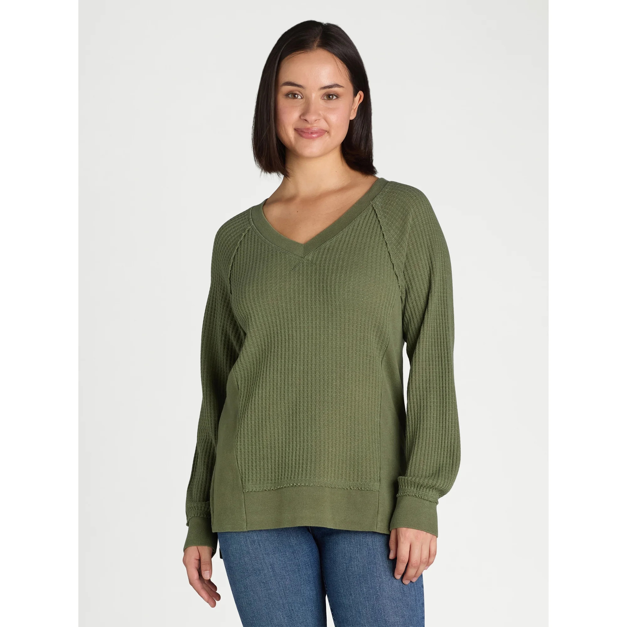 Time and Tru Women's and Women’s Plus Waffle Knit Sweatshirt, Sizes XS-XXXL - Walmart.com | Walmart (US)