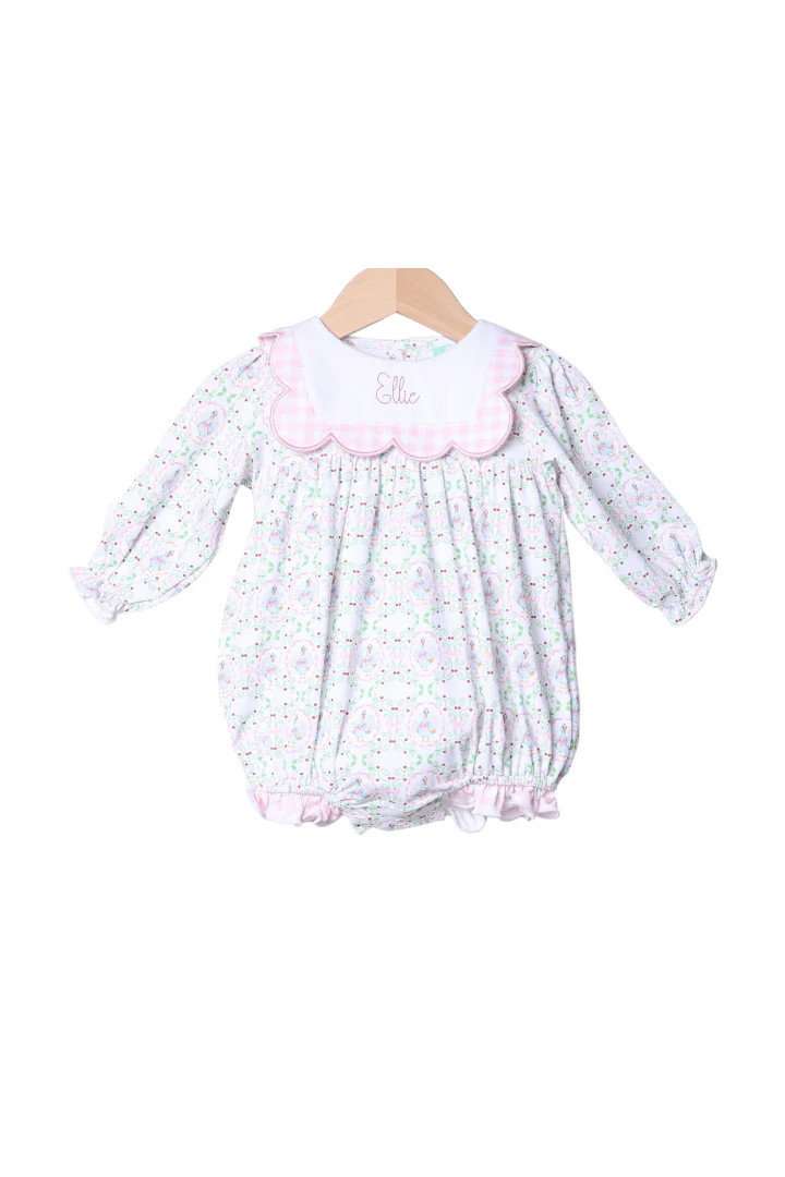Floral Turkey Pink Gingham Scalloped Bubble | The Smocked Flamingo