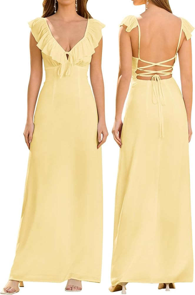 HTZMO Women Summer Casual Boho Maxi Dress Sexy V Neck Ruffle Backless Tie Beach Party Long Sundre... | Amazon (US)