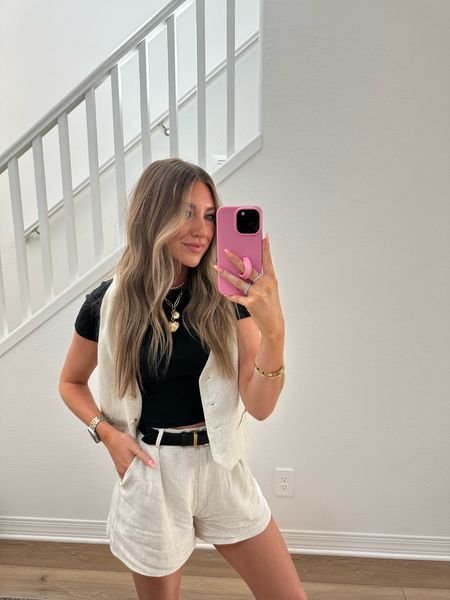 Cute and comfy neutral spring outfit! Love this linen set from petal & pup! I got my true size. Belt and tee are both Amazon and I looove! Also love the chunky necklace trend and this one is from Amazon!