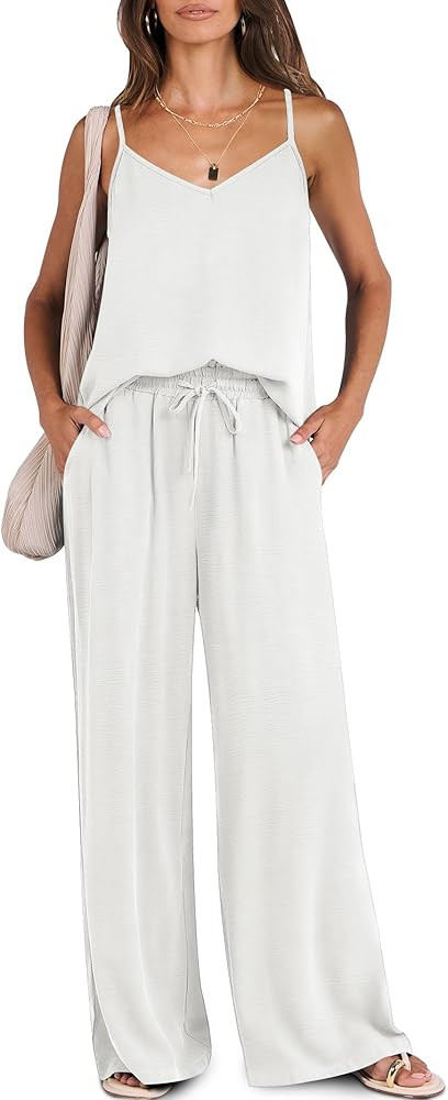 Caracilia Women Summer 2 Piece Lounge Sets Outfits Casual Matching Tank Top Wide Leg Pants Set Tr... | Amazon (US)