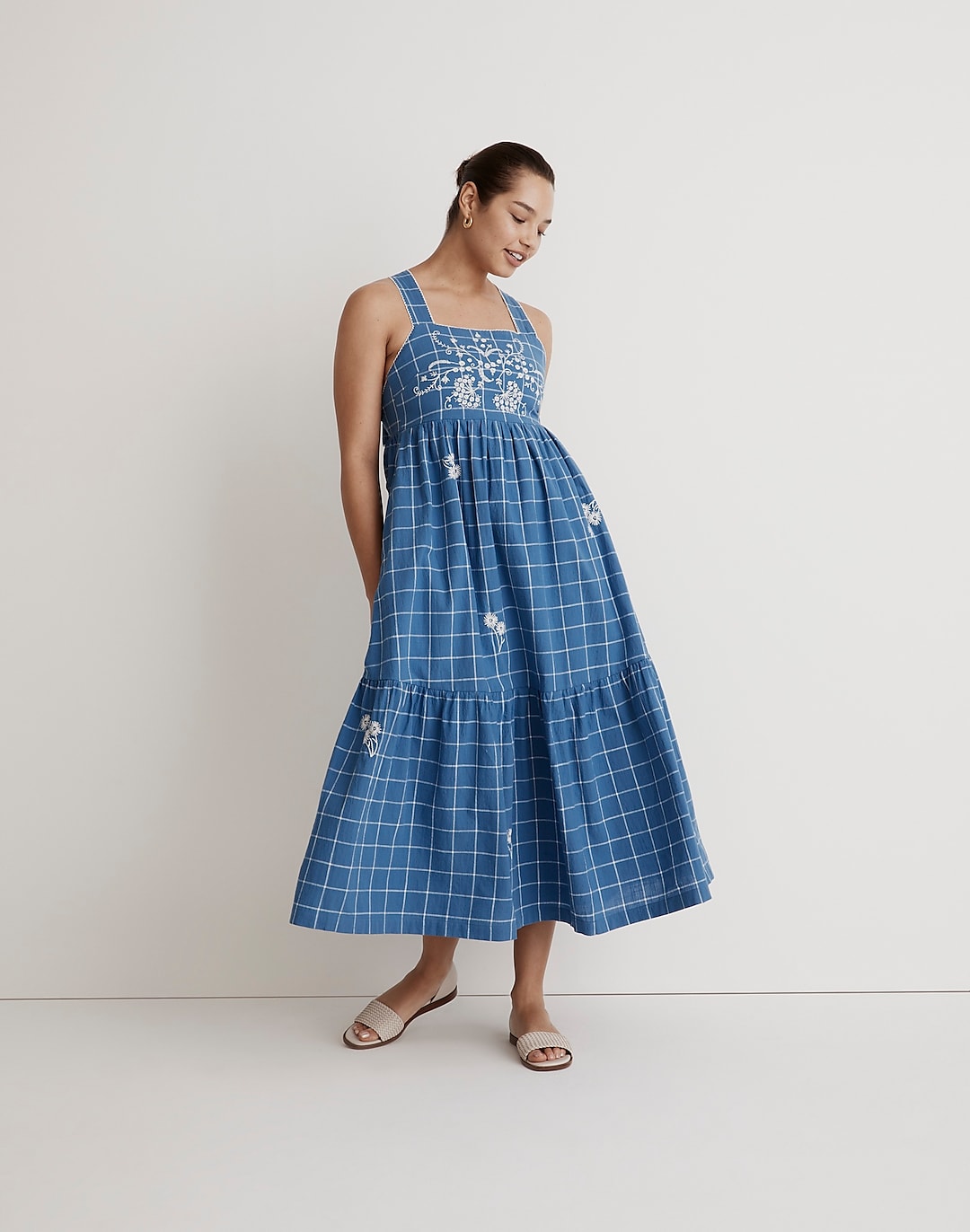 Embroidered Cicely Tiered Midi Dress in Plaid | Madewell