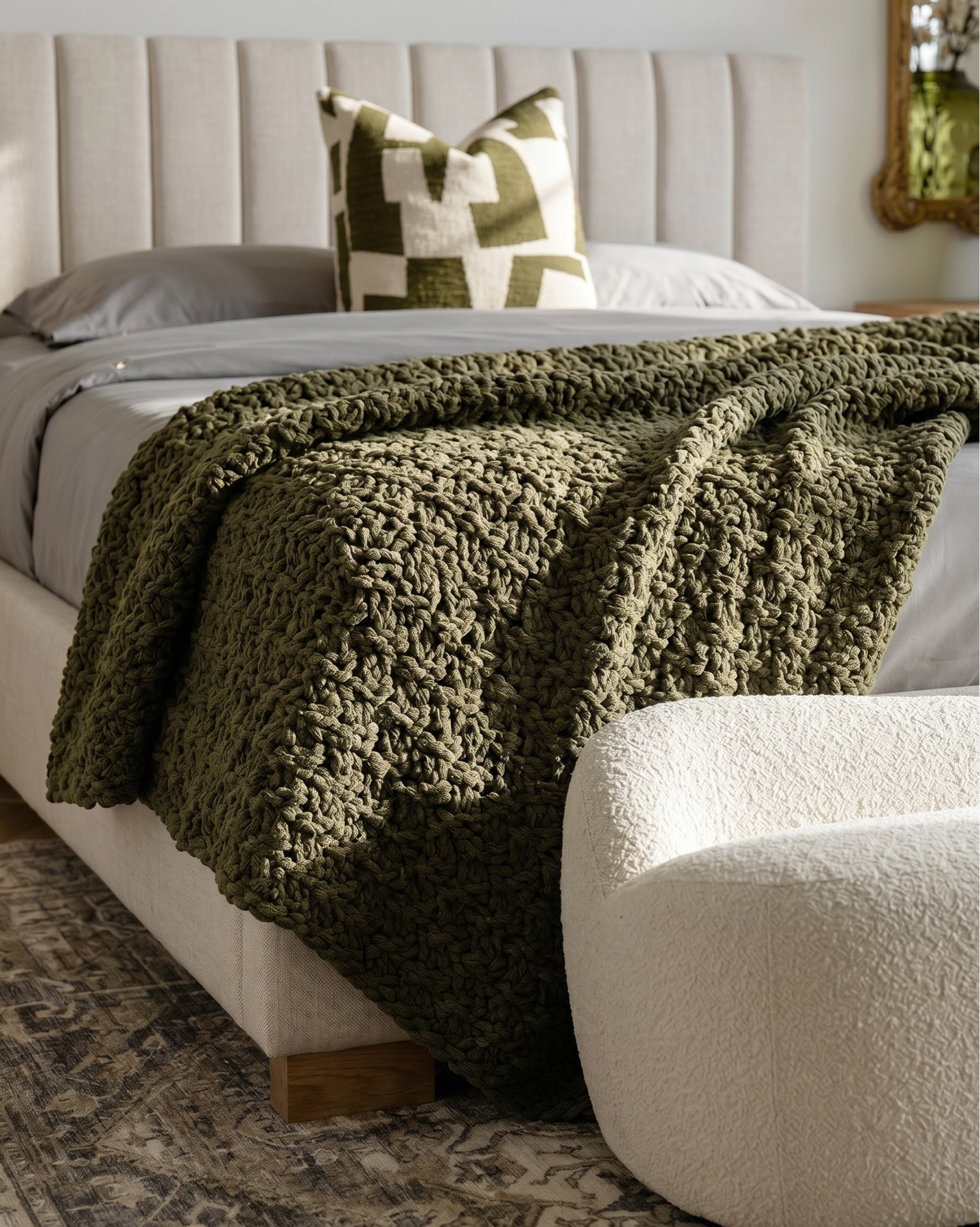 Shop the look:
* Upholstered platform bed
* Boucle bedroom bench
* Fluted wood nightstands
* Light oak six-drawer dresser
* Neutral vintage-style area rug
* Brass globe chandelier
* Brass double globe wall sconces
* Ornate gold wall mirrors
* Abstract black wall art
* Floral ceiling wallpaper
* Exposed natural wood ceiling beams
* Ceramic pleated table lamp
* White textured bedding
* Olive green knit throw blanket
* Green geometric accent pillow
* Decorative floral vase
* Modern ceramic decor vase
* Minimalist candle decor
* Mounted flat-screen TV
* Herringbone hardwood flooring
* Neutral upholstered bench seating
* Contemporary bedroom decor accessories
* Warm modern organic home decor
* Neutral coloured wall art
* Decor books
* Decorative brass tray

#LTKsale #LTKhome #LTKstyletip