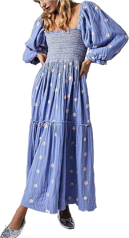 SOOKABEILA Casual Embroidered Maxi Dress for Women Square Neck Backless Smocked Ruffle Puff Sleev... | Amazon (US)
