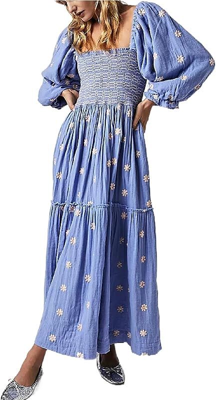 SOOKABEILA Casual Embroidered Maxi Dress for Women Square Neck Backless Smocked Ruffle Puff Sleev... | Amazon (US)