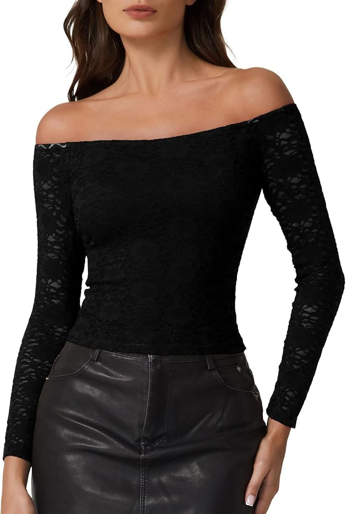 QINSEN Womens Lace Trim Off Shouder Top Long Sleeve Double Lined Y2k Trendy T Shirts | Amazon (US)