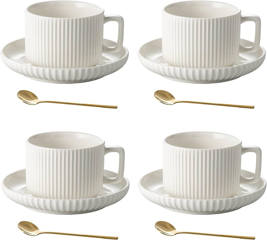 8 Ounce Cappuccino Cups Set of 4, Latte Mugs with Saucers and Spoons, White Cream Ceramic Coffee ... | Amazon (US)