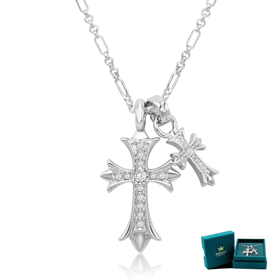 Silver Cross Necklace for Women,14K Silver Double Cross Necklace Non Tarnish,Handcrafted Double C... | Amazon (US)