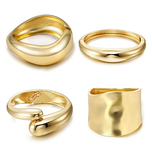 MEDOJO 4 Pcs Women Golden Cuff Bracelet Hinged Design Bracelet Trendy Chunky Cuff Bangle Thick Golden Bracelets for Women | Amazon (US)