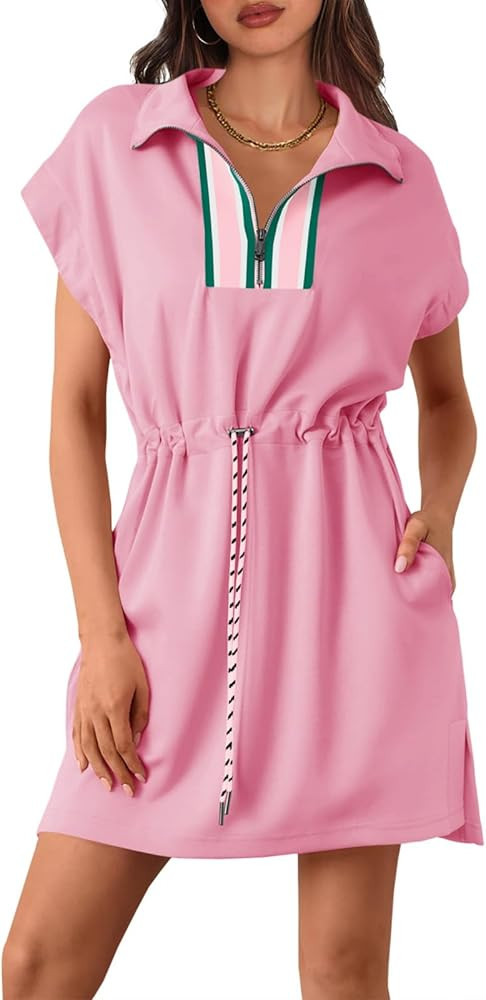 Fisoew Womens Short Sleeve Mini Dress Summer Quarter Zip V Neck Casual Sweatshirt Dresses with Dr... | Amazon (US)