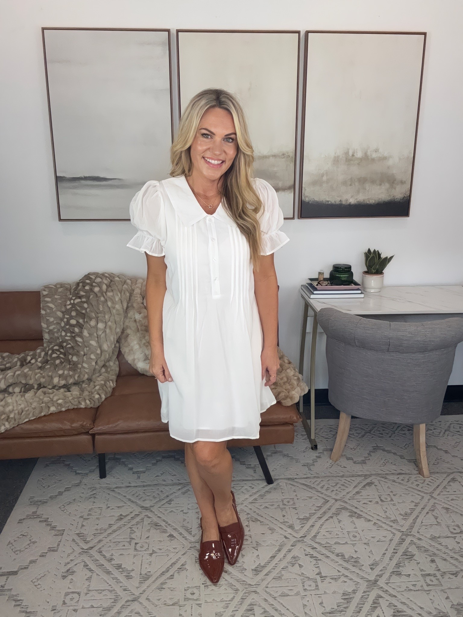 I love finding pieces that can work across seasons, and this white dress is one of them. Paired with burgundy loafers, it already feels ready for those first few weeks of fall without dressing for cooler weather too soon.

white mini dress, burgundy loafers, transitional outfit, early fall outfit, office style, work dress, puff sleeve mini dress, business casual outfit, fall workwear, womens office fashion, AudrieDollins

#LTKootd #LTKOver40 #LTKWorkwear