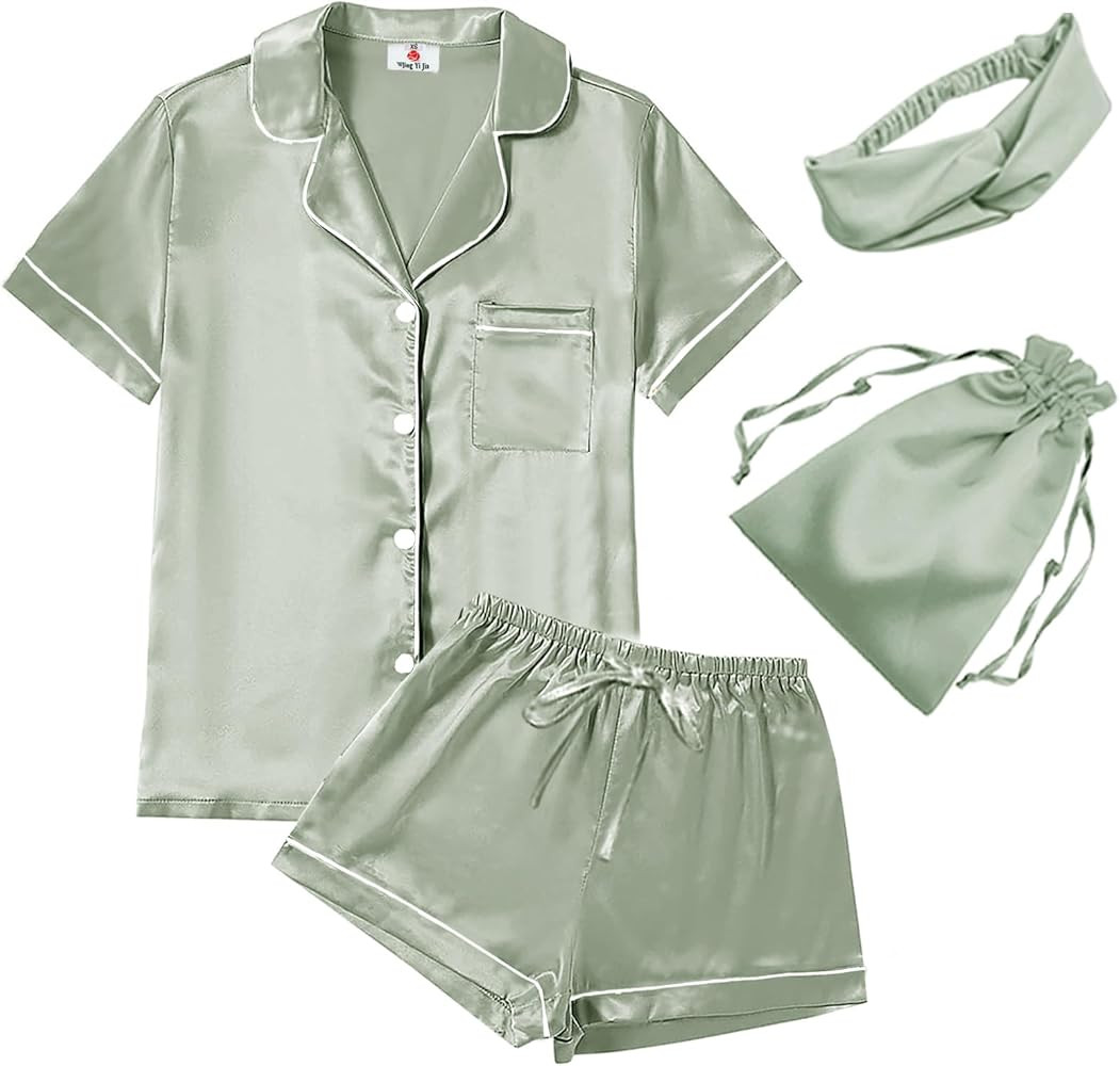 4Pcs Womens Satin Silky Pajama Sets Short Sleeve Shirt XS-4XL Floral Pajamas Set Soft PJ Loungewe... | Amazon (US)