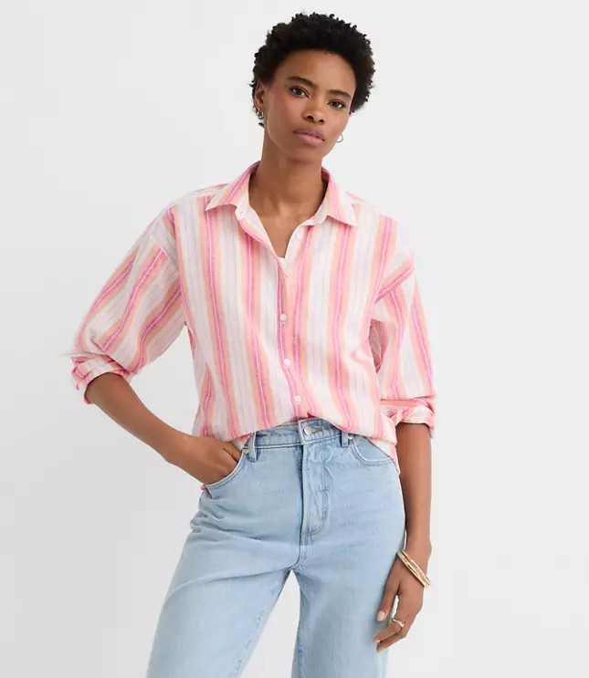 Striped Linen Cotton Everyday Oversized Shirt | LOFT