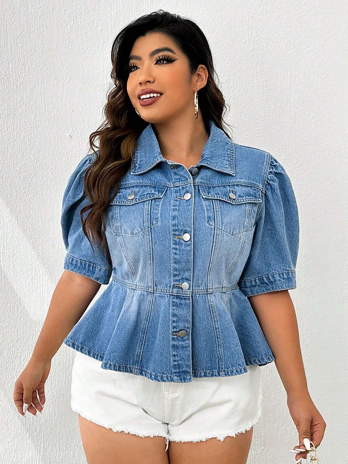 SHEIN Plus Puff Sleeve Peplum Denim Jacket | SHEIN