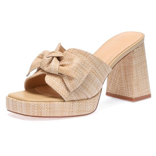 Monrovia Raffia Bow Platform Block Heel Sandals Beige Size 8.5 | Amazon (US)