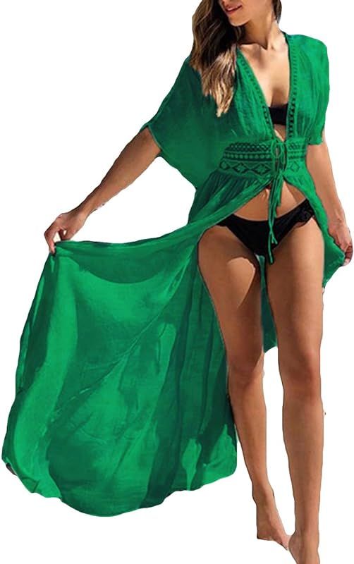 Bsubseach Women's Long Beach Kimono Cardigan Open Front Bikini Swimsuit Cover Ups with Drawstring | Amazon (US)