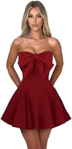 JUMISEE Women's Elegant Bow Strapless Homecoming Dress A Line Swing Tube Mini Dress Short Evening... | Amazon (US)