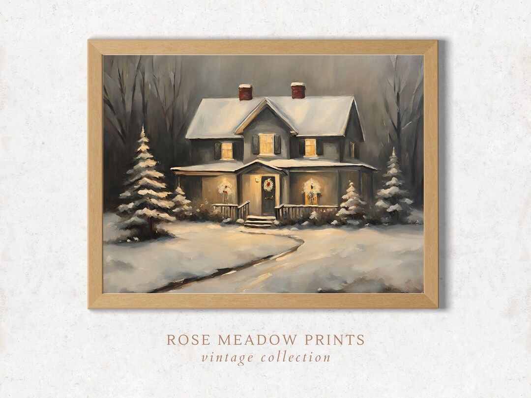 Winter House Vintage Painting Christmas Printable Wall Art - Etsy | Etsy (US)