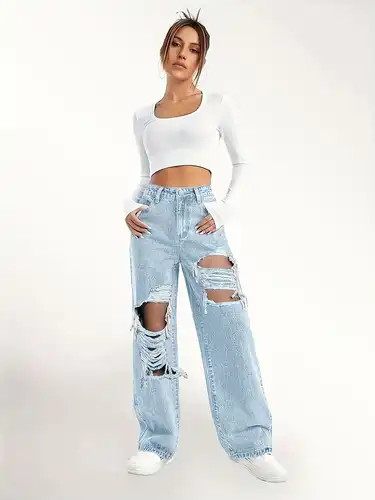 Ripped Straight Leg Loose Fit Jeans High Rise Wide Legs - Temu | Temu Affiliate Program