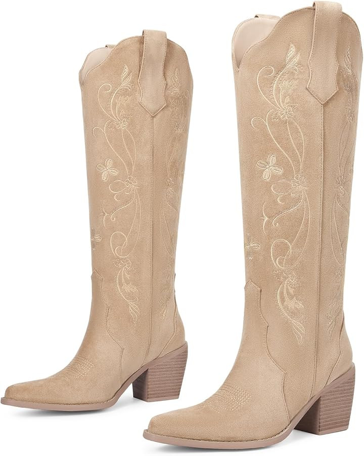 wetkiss Women Cowboy Boots Knee High Comfort Vintage Floral Embroidery, Retro Pointed Toe, Block ... | Amazon (US)