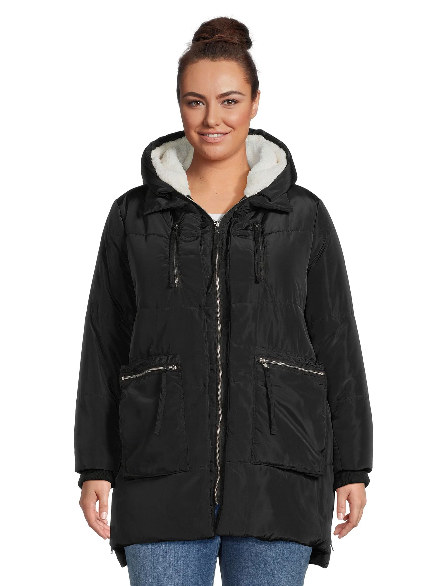 Jason Maxwell Women's Plus Size Quilted Coat with Faux Sherpa Lined Hood - Walmart.com | Walmart (US)
