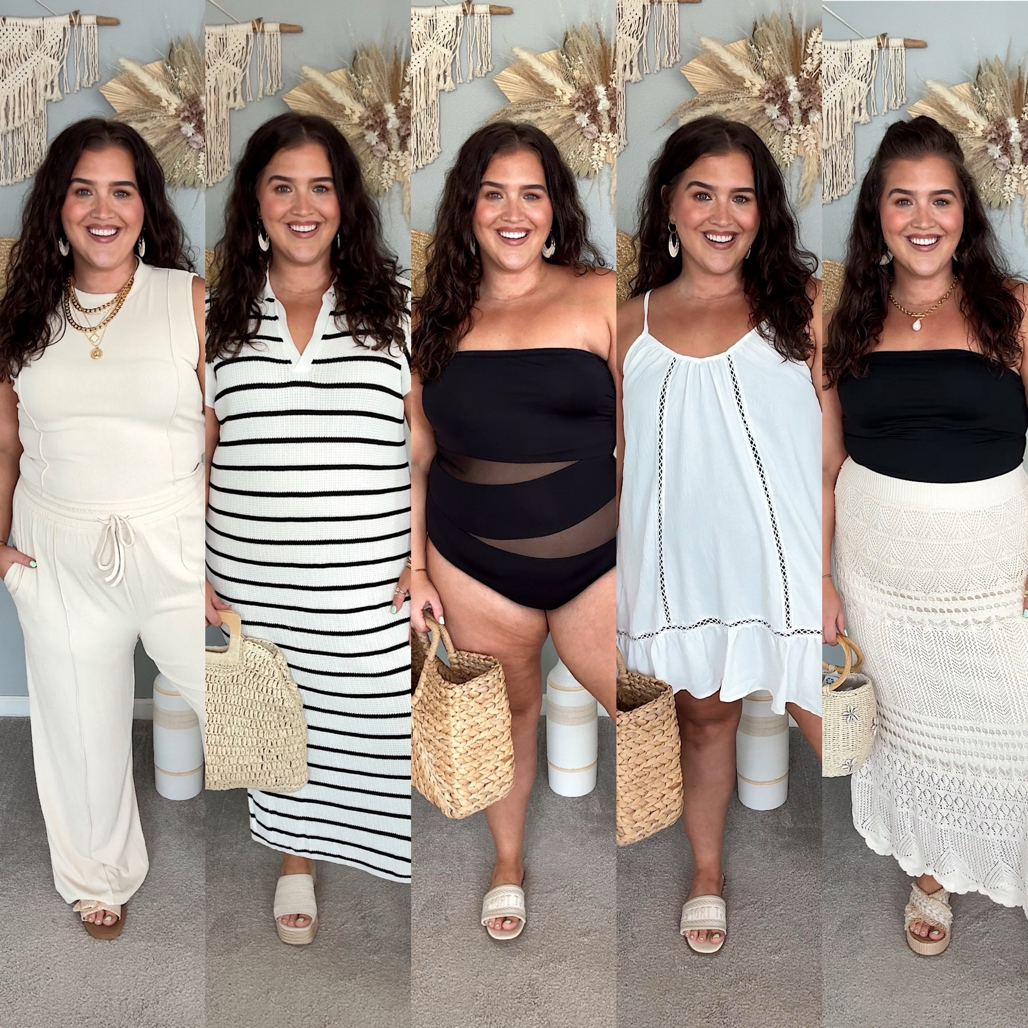Amazon neutral vacation outfit inspo 🤎 Matching set for travel, chic striped dress, mesh one piece swimsuit, white mini dress coverup, tube top + crochet dress 
All size XXL except tube top in an XL

#LTKSwim #LTKPlusSize #LTKMidsize