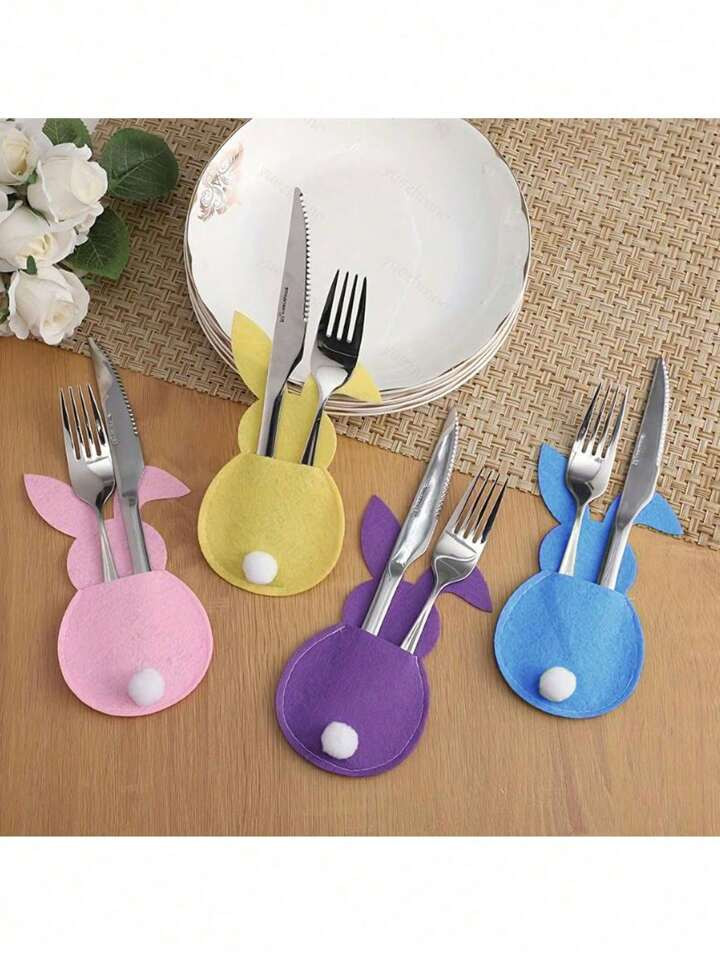4pcs Easter Bunny Utensil Holder, Non-Woven Fabric, Cutlery Bag With Bunny Ear, Happy Easter Tabl... | SHEIN