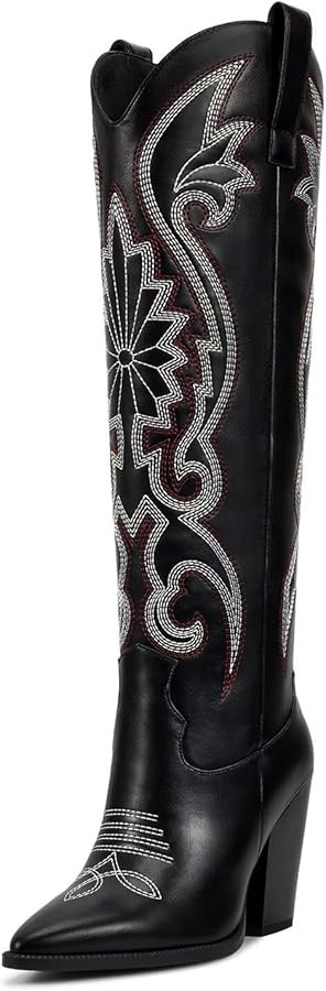 ISNOM Womens Cowboy Knee High Boots Cowgirl Boots Western Boots with Embroidered Pointed Toe Chun... | Amazon (US)