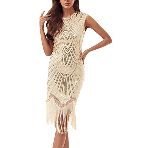 Women's 1920s Dress Fringe Sequin Art Deco Flapper Dress Sleeveless Tassels Hem Gatsby Cocktail Party Dresses Clubwear Beige | Amazon (US)