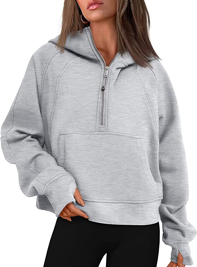 EFAN Women Cropped Hoodies Fleece Half Zip Pullover 2022 Trendy Quarter Zip Up Sweatshirts Hooded... | Amazon (US)